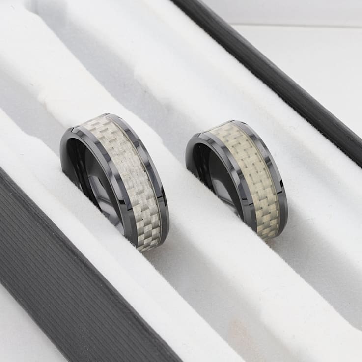 MYSTIQUE Beveled White Carbon Fiber Inlaid Ceramic Ring 8mm