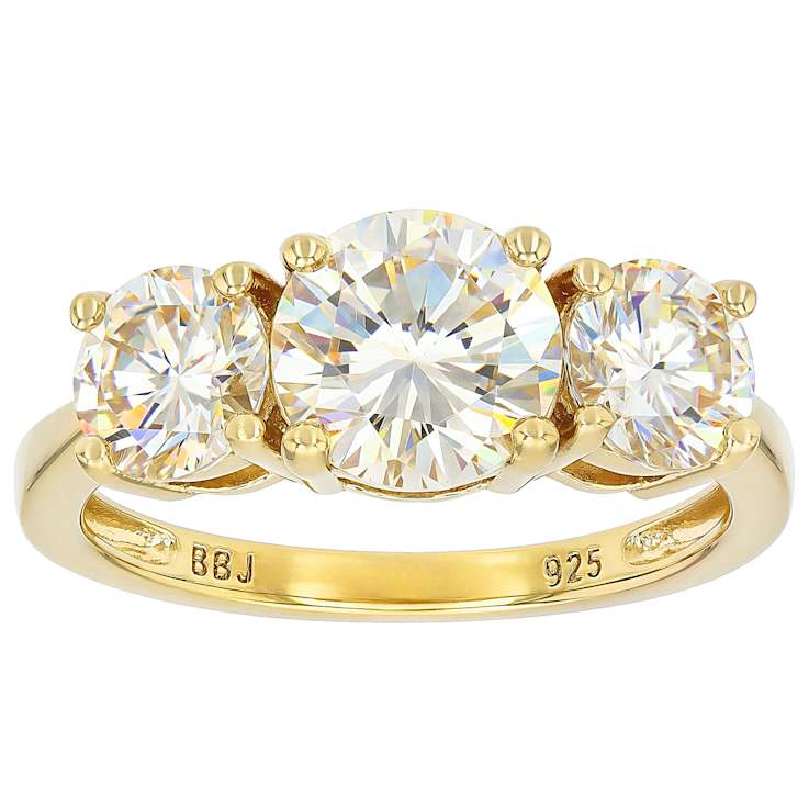 Diamond Simulant Three-Stone Ring In 18K Gold Over Sterling Silver