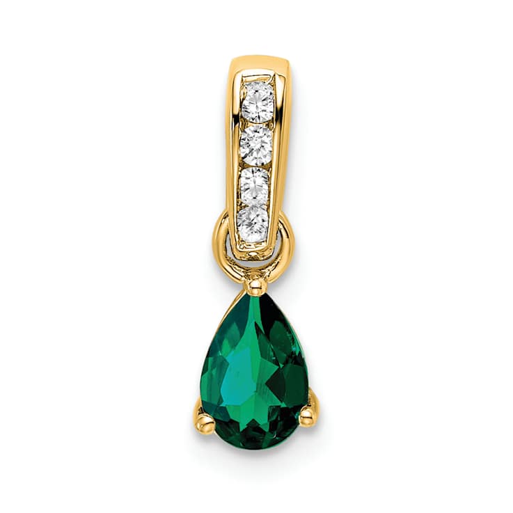 10k Yellow Gold 0.5 cttw Pear Lab Created Emerald and Accent Diamond Pendant