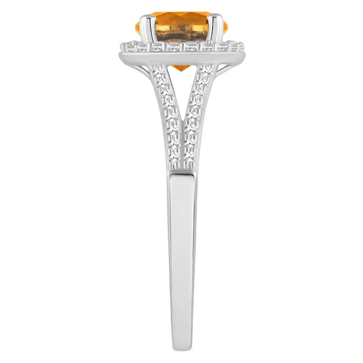 7mm Round Citrine 1/4 ctw Diamond Rhodium Over Sterling Silver Halo Ring