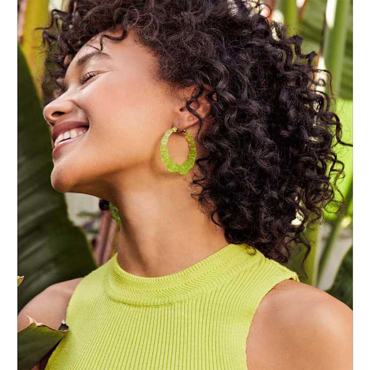 14K Yellow Gold Over Sterling Silver Bamboo Acrylic Hoops in Simply Green