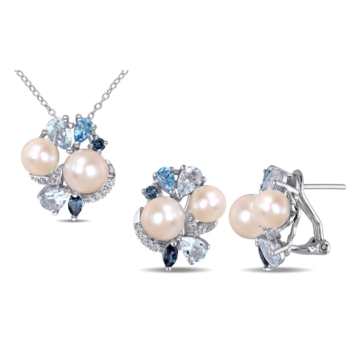 6.5-8MM Freshwater Cultured Pearl Multi-gems Earrings and Pendant Set in
Sterling Silver