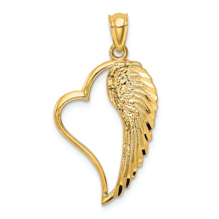 14k Yellow Gold Polished Textured Diamond-Cut Heart and Wing Pendant