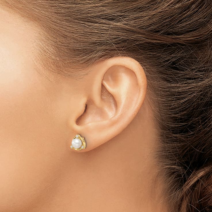14K Yellow Gold Lab Grown Diamond and Freshwater Cultured Pearl Post Earrings