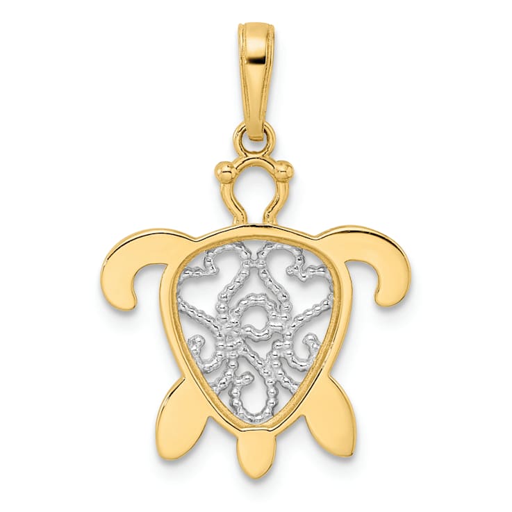 14k Yellow Gold and Rhodium Over 14k Yellow Gold Diamond-Cut Filigree
Turtle Pendant