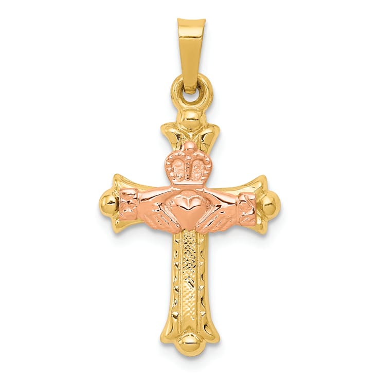14K Yellow and Rose Gold Claddagh Cross Pendant
