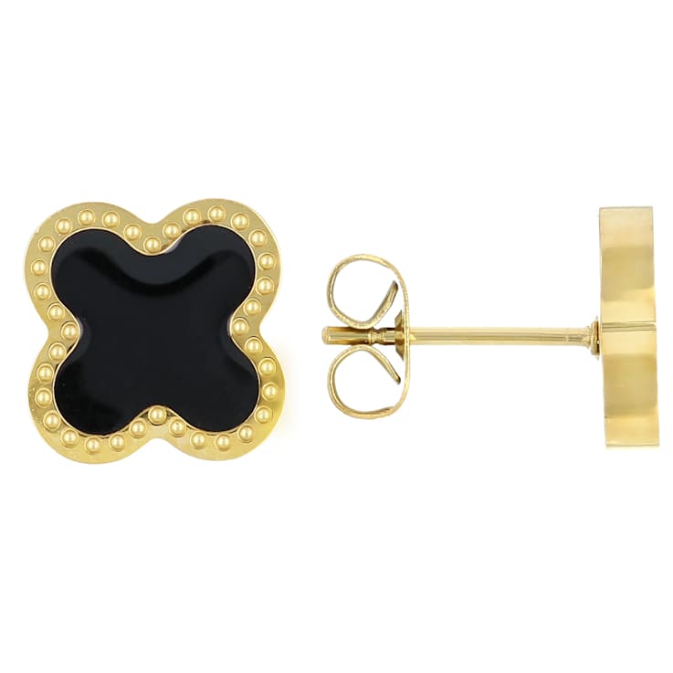 Black Enamel Clover Gold-Tone Stud Earrings