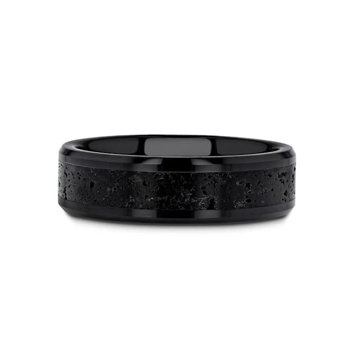 VESUVIUS Men’s Polished Black Ceramic Band with Lava Rock Stone Inlay
& Polished Beveled Edges 6mm