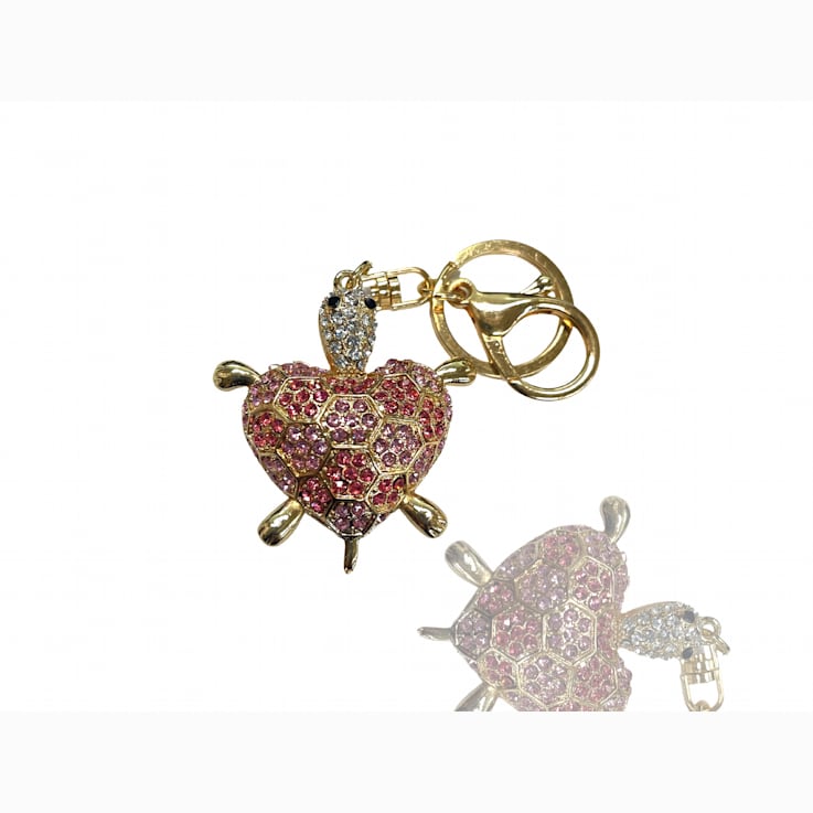 Gold Tone Fuchsia Rose Crystal Turtle Key Chain