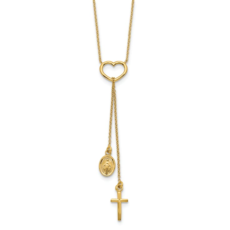 14K Yellow Gold Polished Heart with Dangle Cross and Religious Medal Necklace
