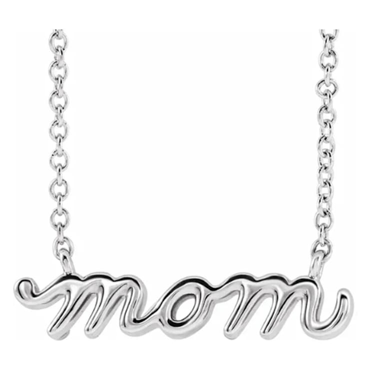 14K White Gold Petite Lowercase Script mom Necklace, 16 Inches.