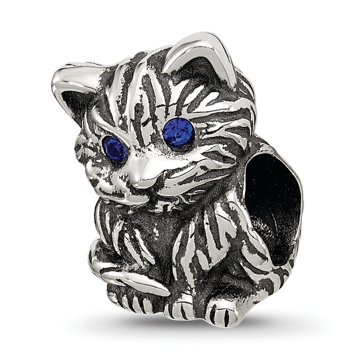 Sterling Silver Antiqued Cat with Blue Crystals Bead