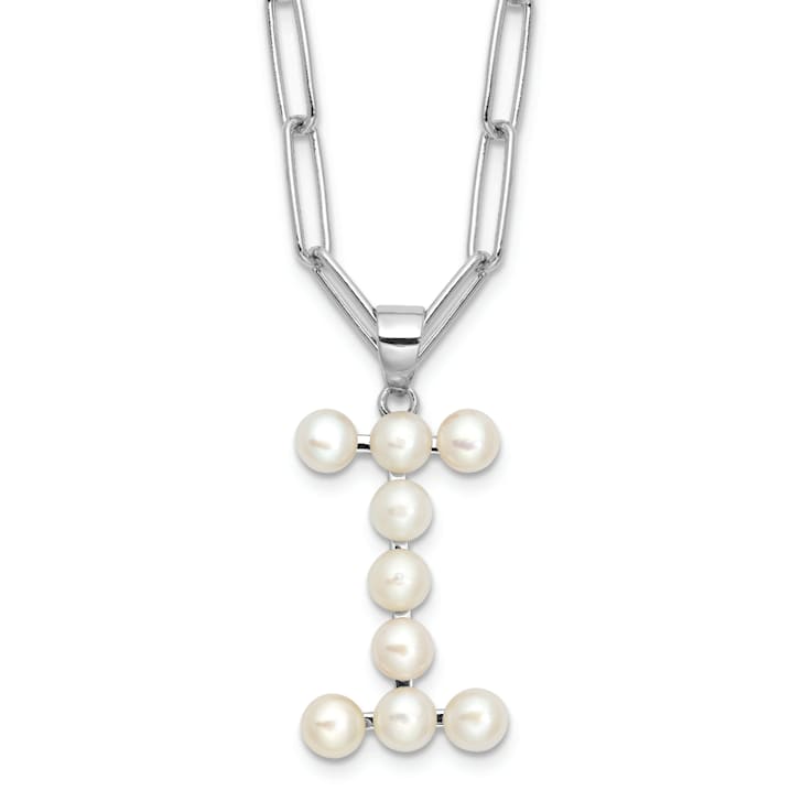 Rhodium Over Sterling Silver 3-5.5mm Freshwater Cultured Pearl LETTER I
18-inch Necklace