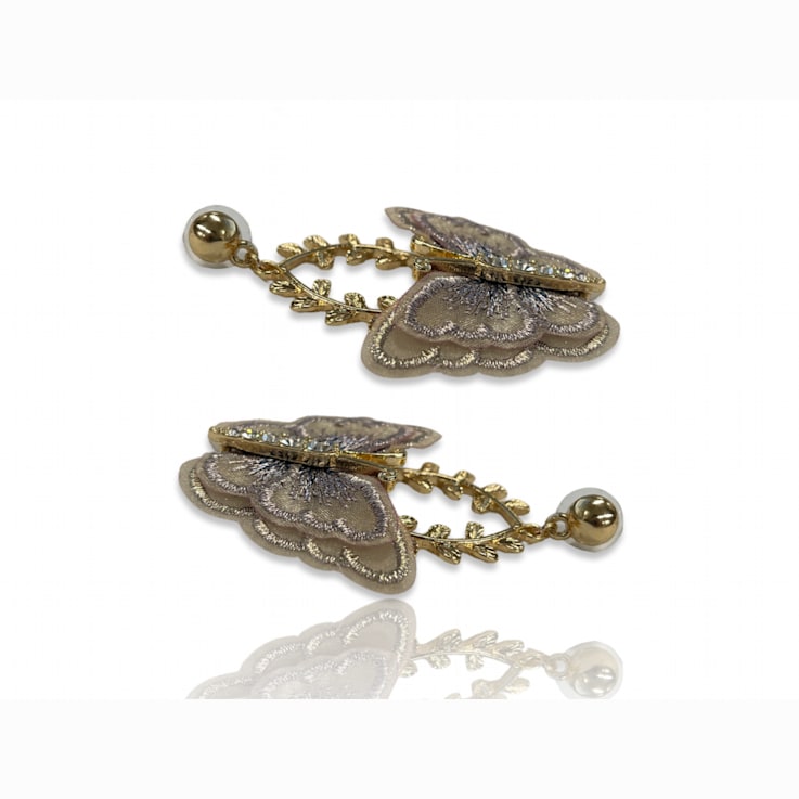 Gold Tone Neutral Tone Fabric Butterfly Earrings