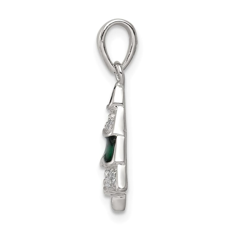 Rhodium Over Sterling Silver CZ and Enameled Christmas Tree Pendant