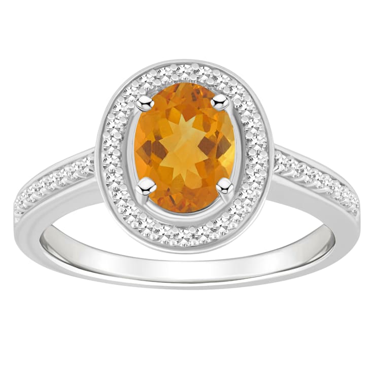 8x6mm Oval Citrine 1/5 ctw Diamond Rhodium Over Sterling Silver Halo Ring