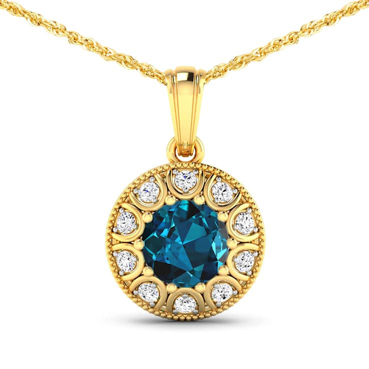 2.05ctw 14K Yellow Gold Blue London Blue Topaz and White Diamond Pendant
with 18 inch Cable Chain