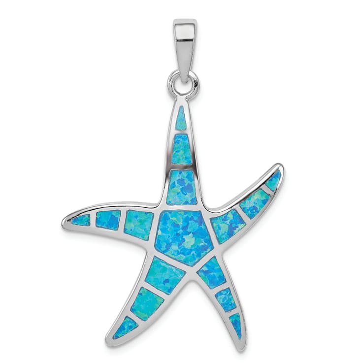 Rhodium Over Sterling Silver Blue Inlay Lab Created Opal Starfish Pendant