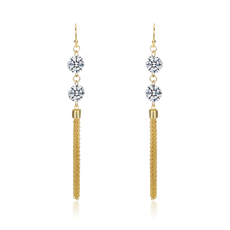 CZ Chain Fringe Dangle Earrings In 14K Gold Over Sterling Silver