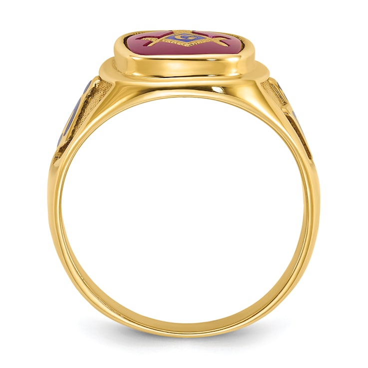 10K Yellow Gold Men's Enamel and Lab Created Ruby Blue Lodge Masonic Ring
