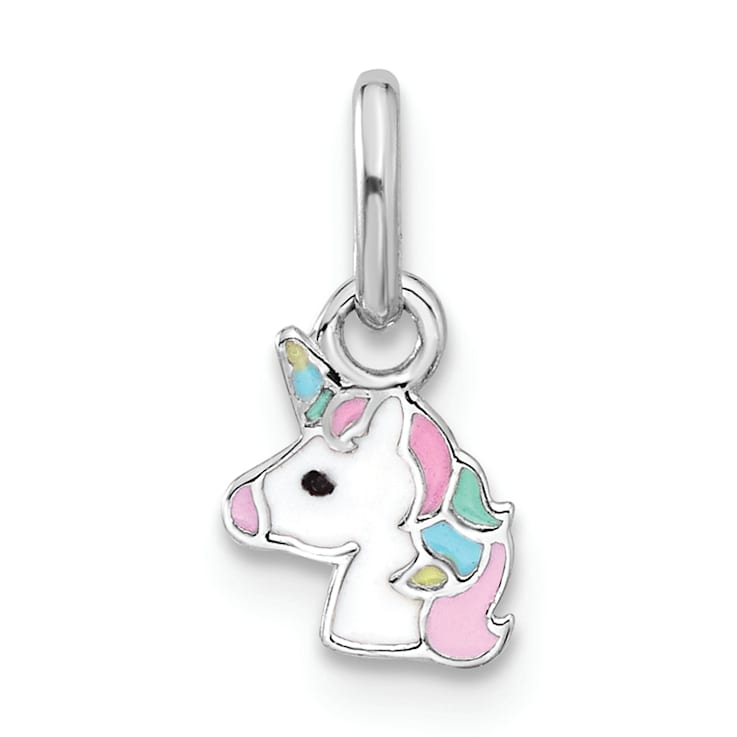 Rhodium Over Sterling Silver Children's Enamel Unicorn Pendant