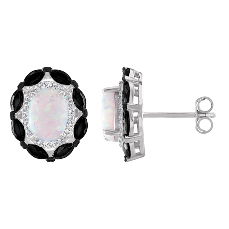 Sterling Silver Lab Created Oval Opal and Black Spinel Earrings 2.20ctw