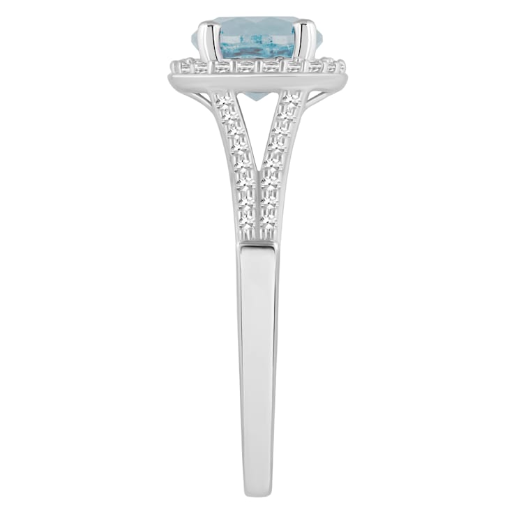 7mm Round Aquamarine 1/4 ctw Diamond Rhodium Over Sterling Silver Halo Ring