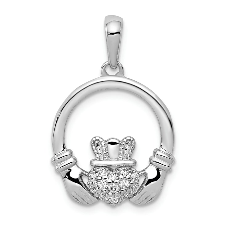 Rhodium Over 14k White Gold Diamond Claddagh Circle Pendant