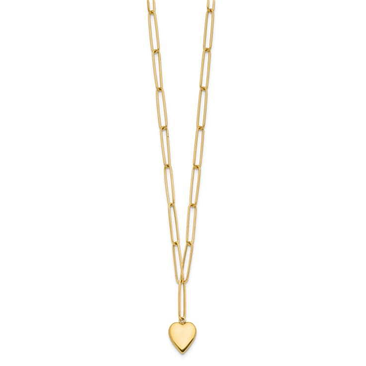 14K Yellow Gold Polished Heart Paperclip Link Necklace