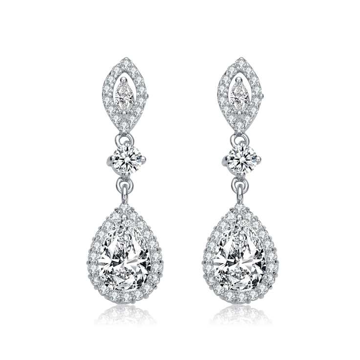 Pear Shape CZ Halo Drop Earrings In Sterling Silver