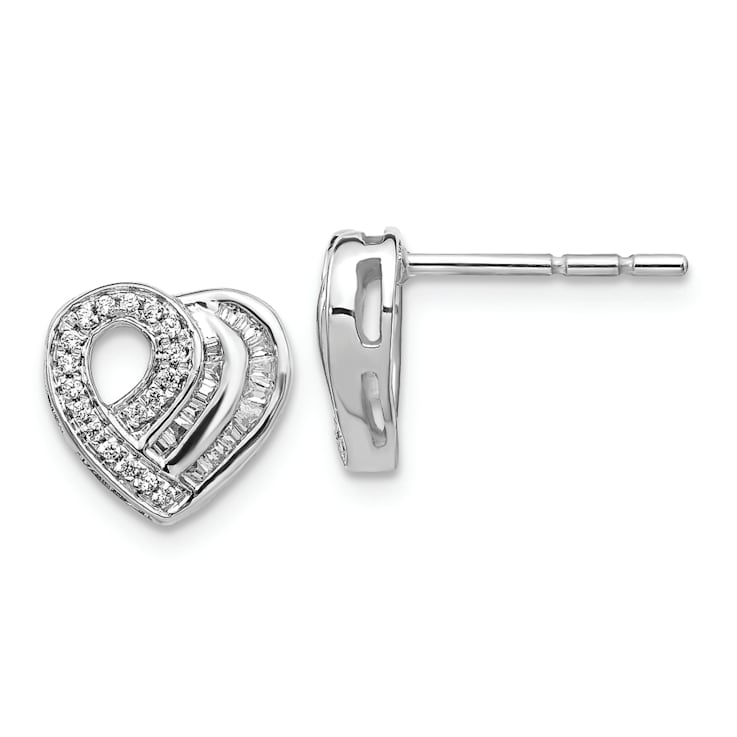 Rhodium Over 14k White Gold Diamond Heart Stud Earrings