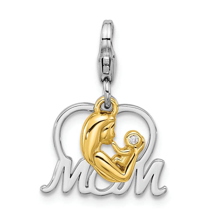 Sterling Silver and Gold Tone Rhodium Over Sterling Silver Cubic
Zirconia Mother's Love Mom Charm
