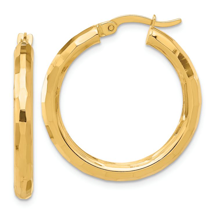 14k Yellow Gold 1 1/16" Polished and Diamond-Cut Hoop Earrings