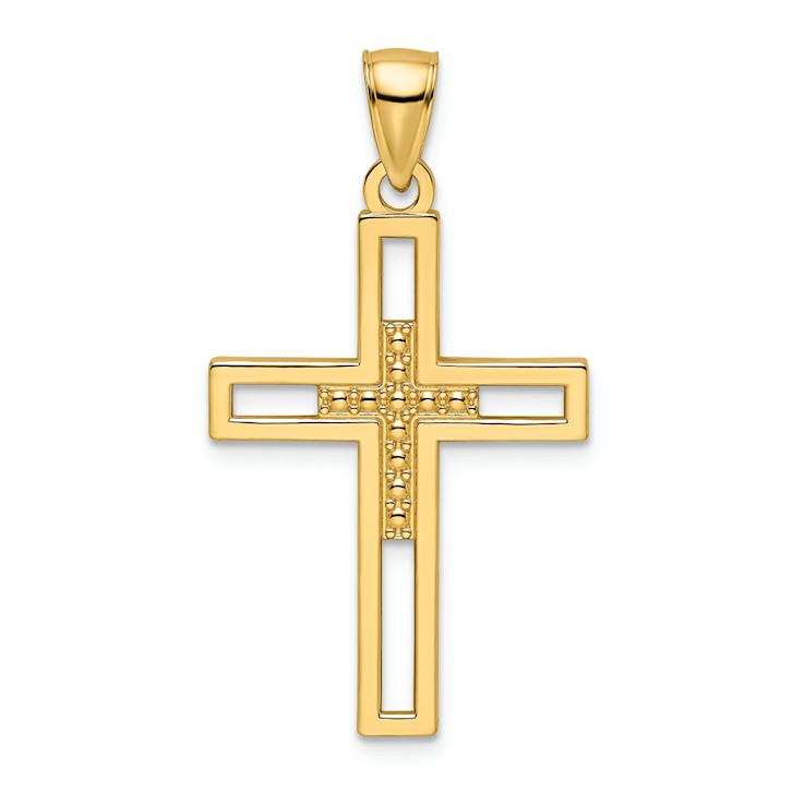14k Yellow Gold Beaded Textured and Polished Double Cross Pendant