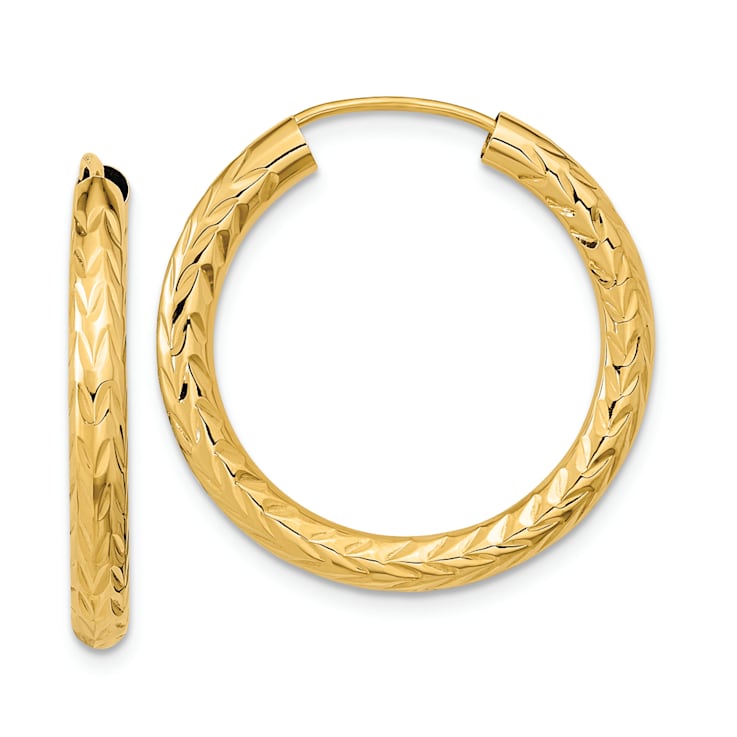 14k Yellow Gold Polished and Diamond-cut 1" Endless Hoop Earrings