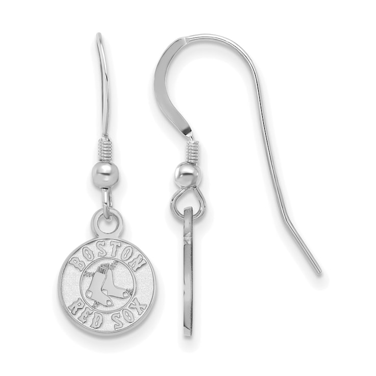 Rhodium Over Sterling Silver MLB LogoArt Boston Red Sox Dangle Earrings