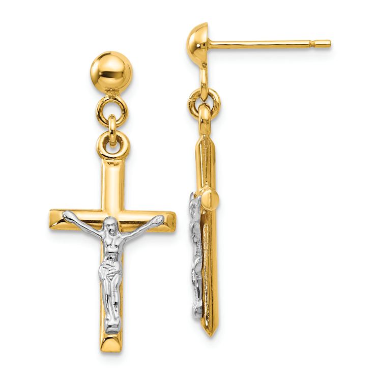 14k Two-tone Crucifix Dangle Earrings