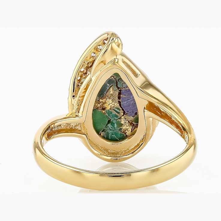 Multi-Color Blended Turquoise Pear And White Zircon Ring In 18K Gold
Over Sterling Silver 0.19ctw