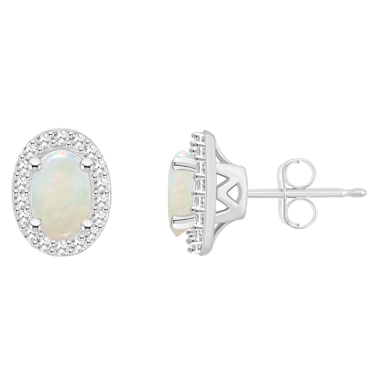 6x4mm Oval Opal 1/6 ctw Diamond Rhodium Over Sterling Silver Halo Stud Earrings