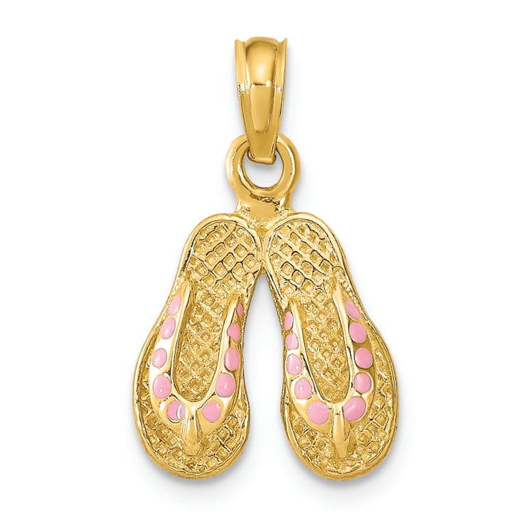 14k Yellow Gold 3D Textured with Pink Enamel Double Flip-Flop Charm