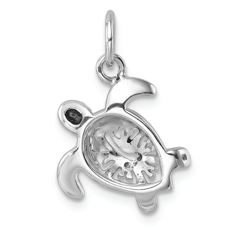Rhodium Over Sterling Silver Tiny Turtle with Flower Back Pendant