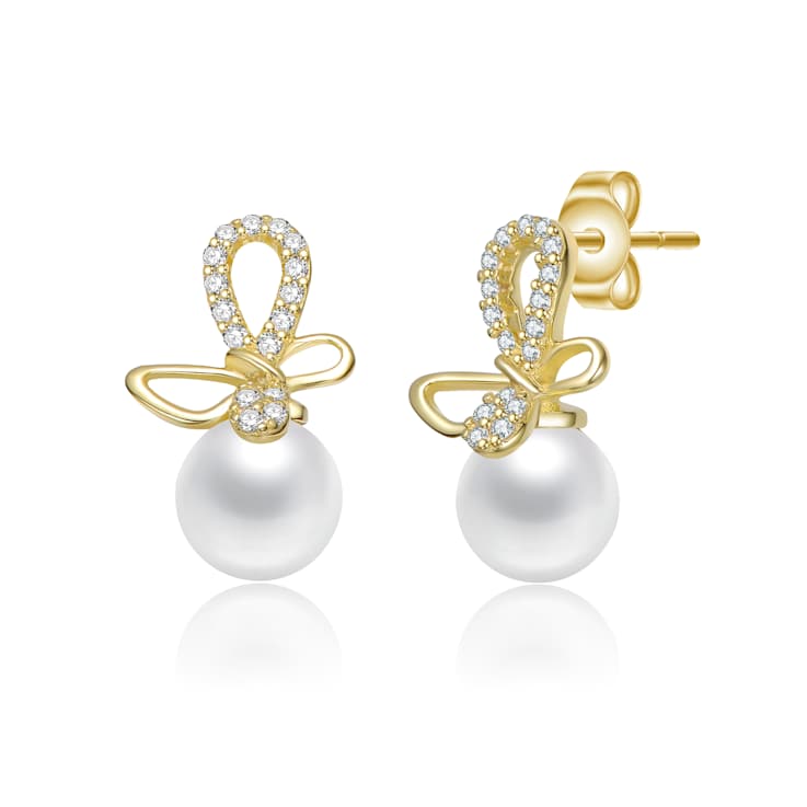 Butterfly CZ And Mother Of Pearl Drop Earrings In 14K Gold Over Brass