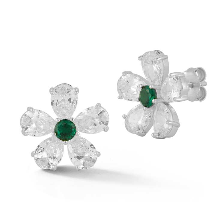 Rachel Zoe Green and White CZ Flower Stud Earrings in Rhodium Over
Sterling Silver