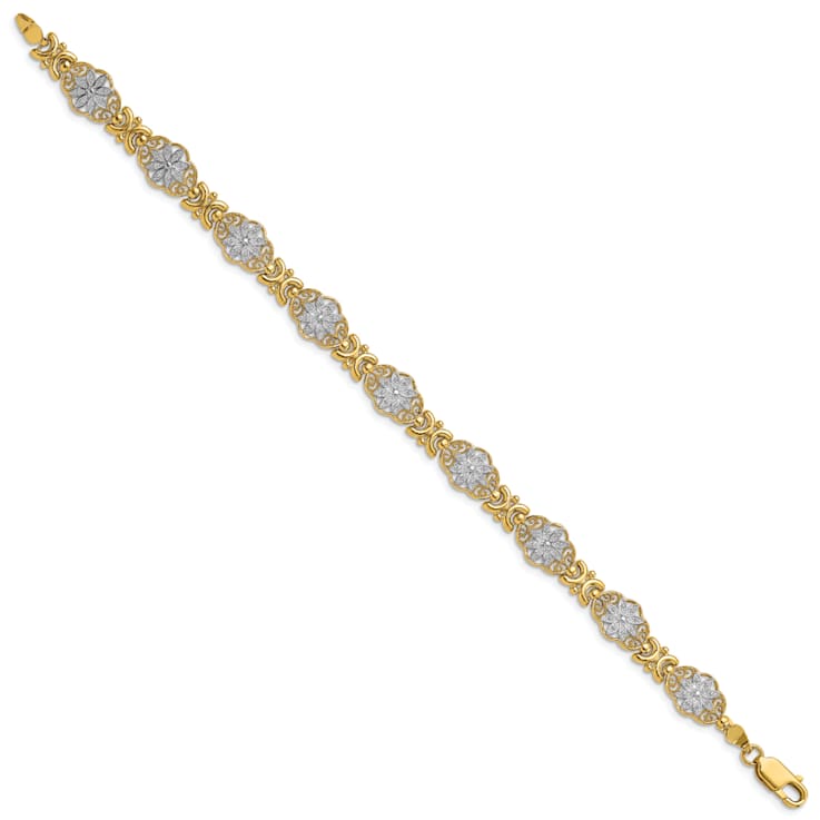 14k Yellow Gold and Rhodium Over 14k Yellow Gold Textured Flower Link Bracelet