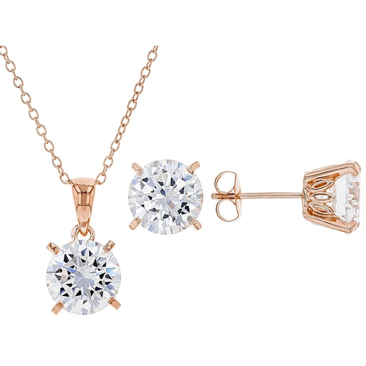 White Cubic Zirconia 18K Rose Gold Over Sterling Silver Pendant With Chain And Earrings 12.55ctw BLV453C