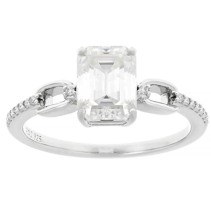 Moissanite Emerald-Cut Engagement Ring In Platinum-Enhanced Sterling Silver
