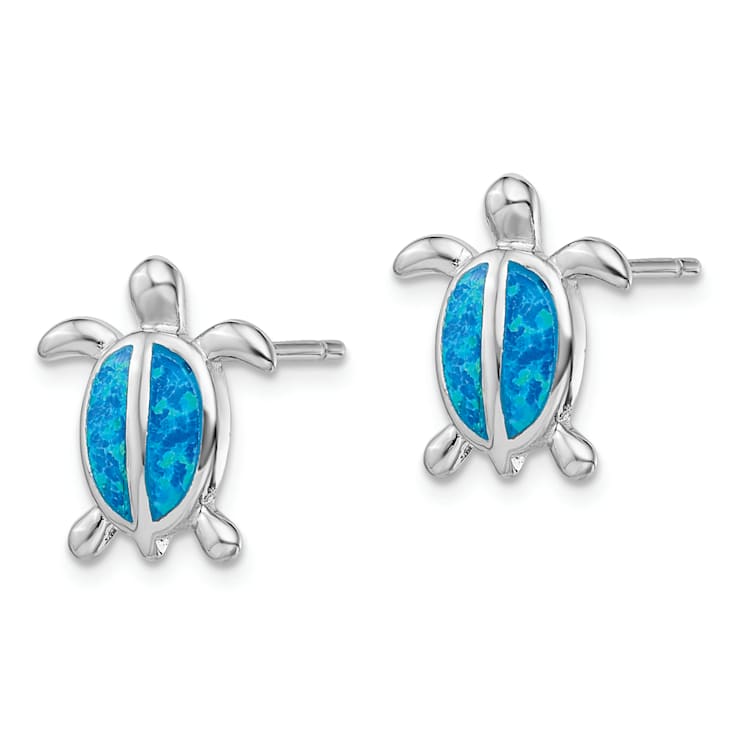 Rhodium Over Sterling Silver Lab Created Opal Turtle Post Earrings