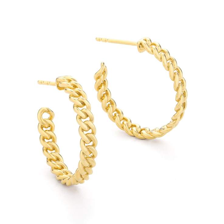 Curb Link J-Hoop Earrings In 14K Gold Over Sterling Silver