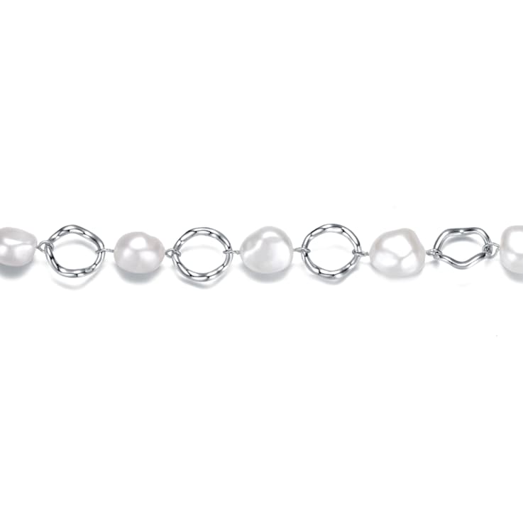 Freshwater Pearl And CZ Station Link Bracelet In Sterling Silver