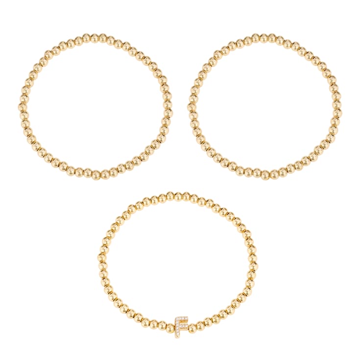 Initial F CZ Beaded Bracelet Set In 14K Gold Over Brass 0.12ctw